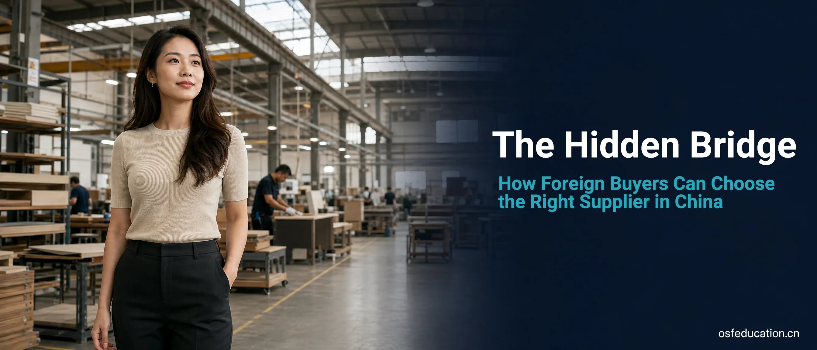 A sourcing professional standing on a Chinese furniture factory floor — representing the bridge between foreign buyers and Chinese suppliers