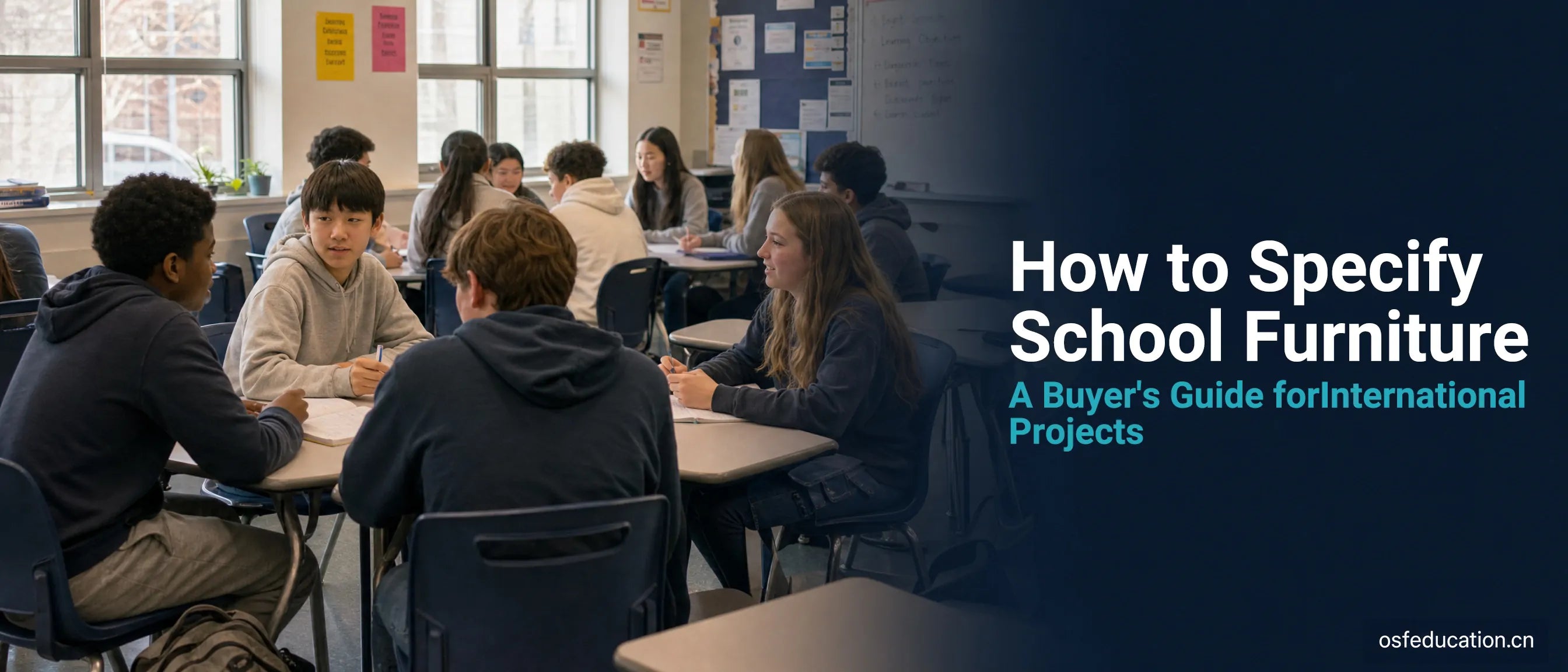 Diverse group of students seated at school desks in a modern classroom — illustrating the importance of specifying the right school furniture for international projects
