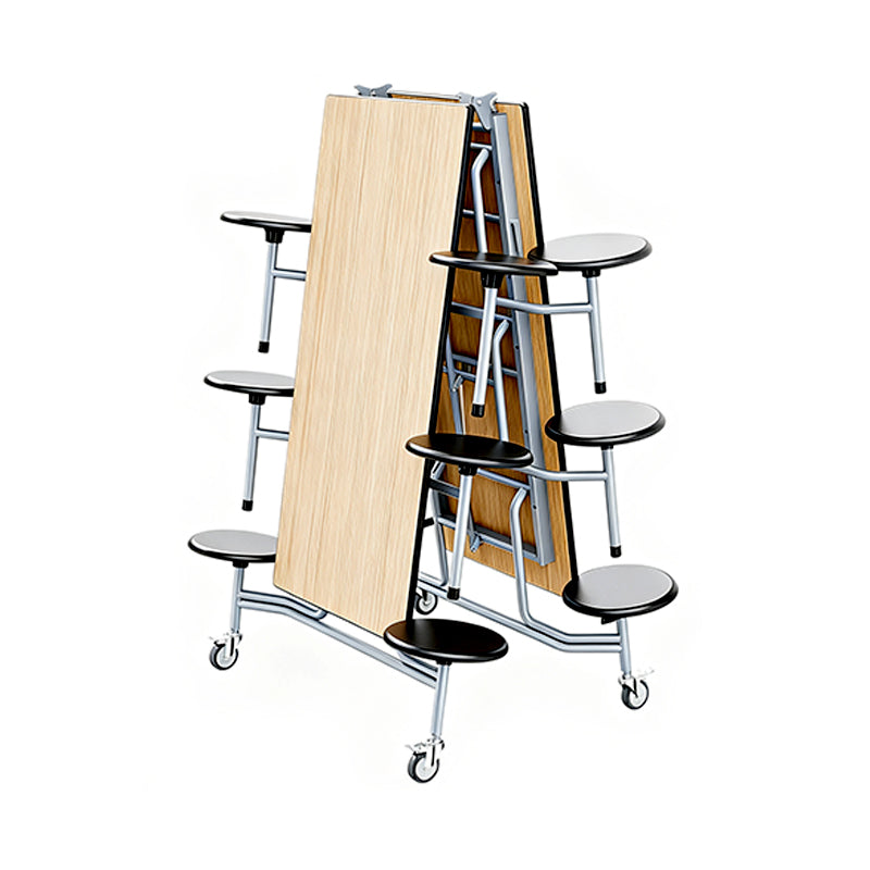 Folding Canteen Table with Integrated Round Seats – Fire-Retardant MDF Top & Lockable Casters for Schools & Factories