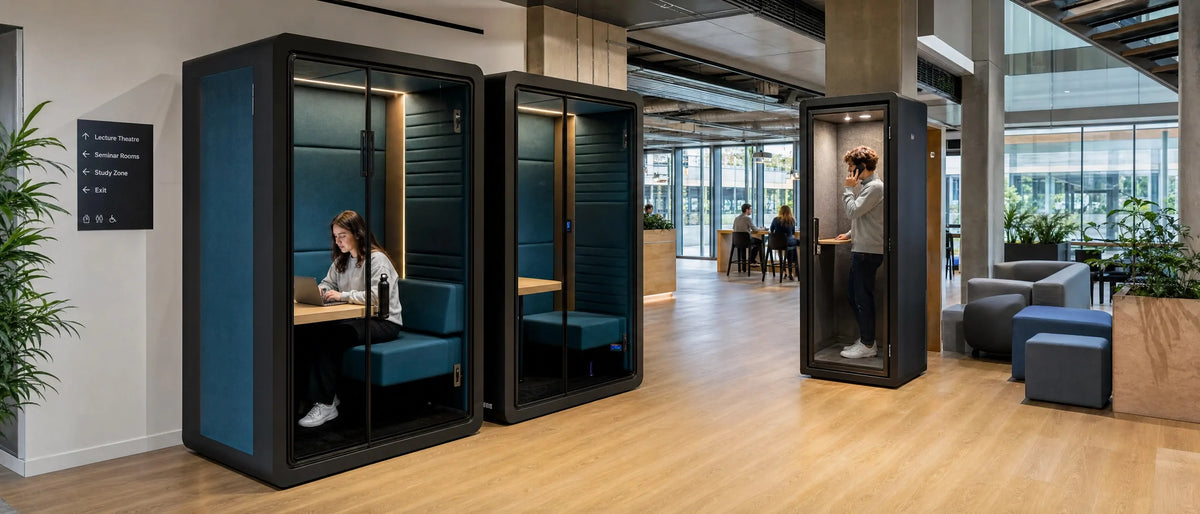 Acoustic office pods for quiet phone calls and focused work, soundproof phone booths for open‑plan office and school
