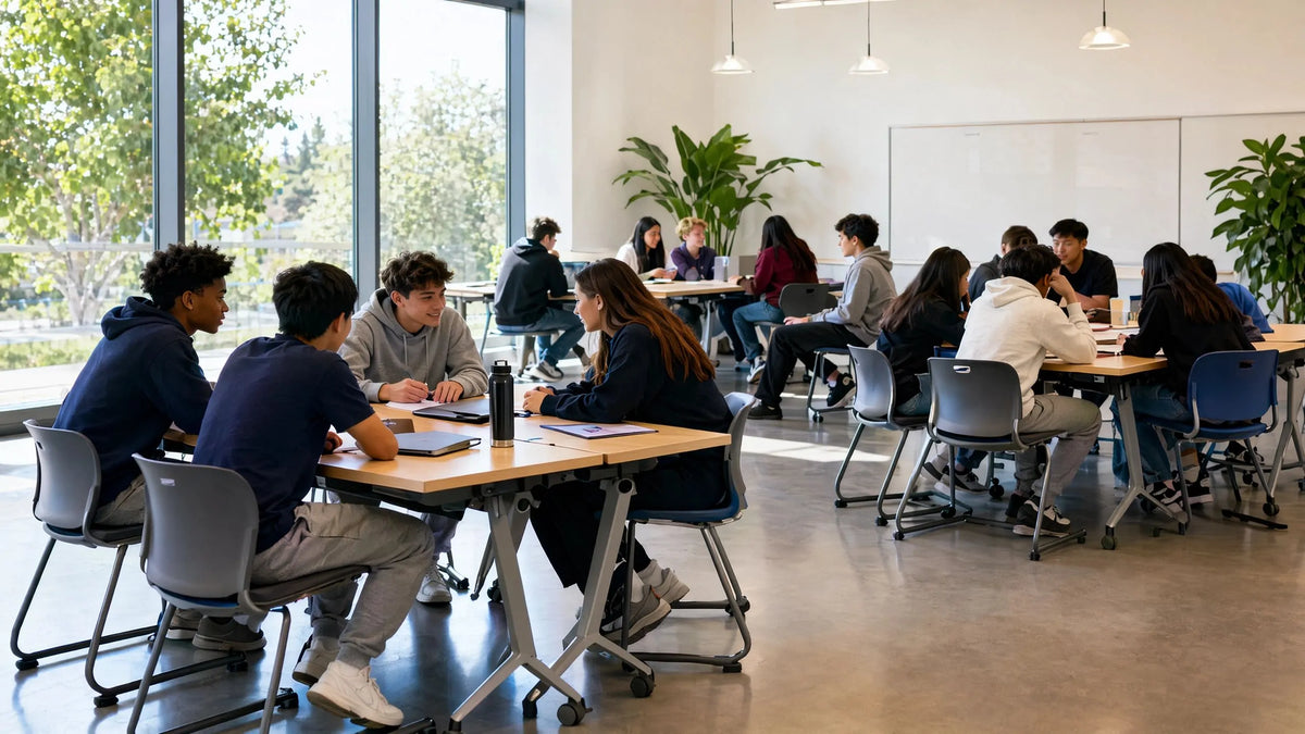 Hero banner, multi‑ethnic students collaborating in modern classroom, modular mobile student tables and ergonomic chairs for active learning education projects