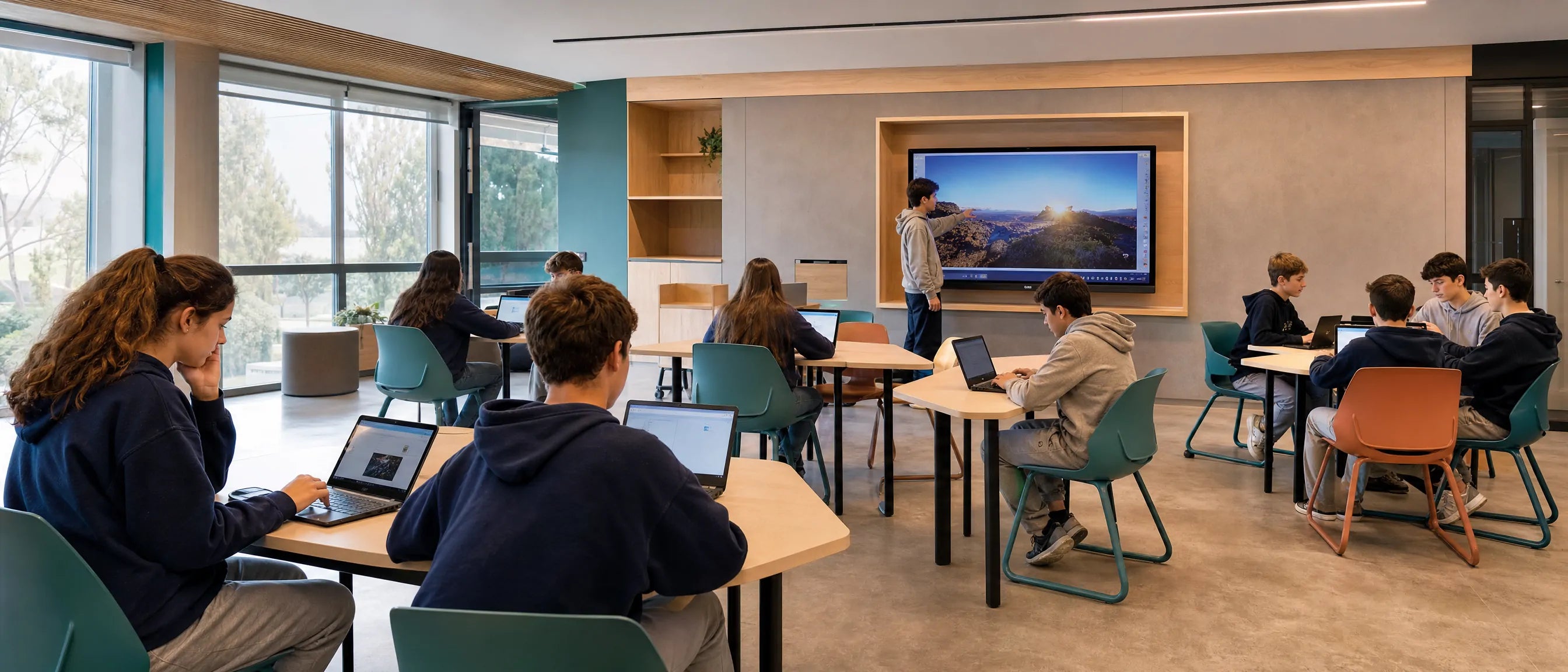 Aula flexible para liceos y colegios de Uruguay con estudiantes usando computadoras en clase
