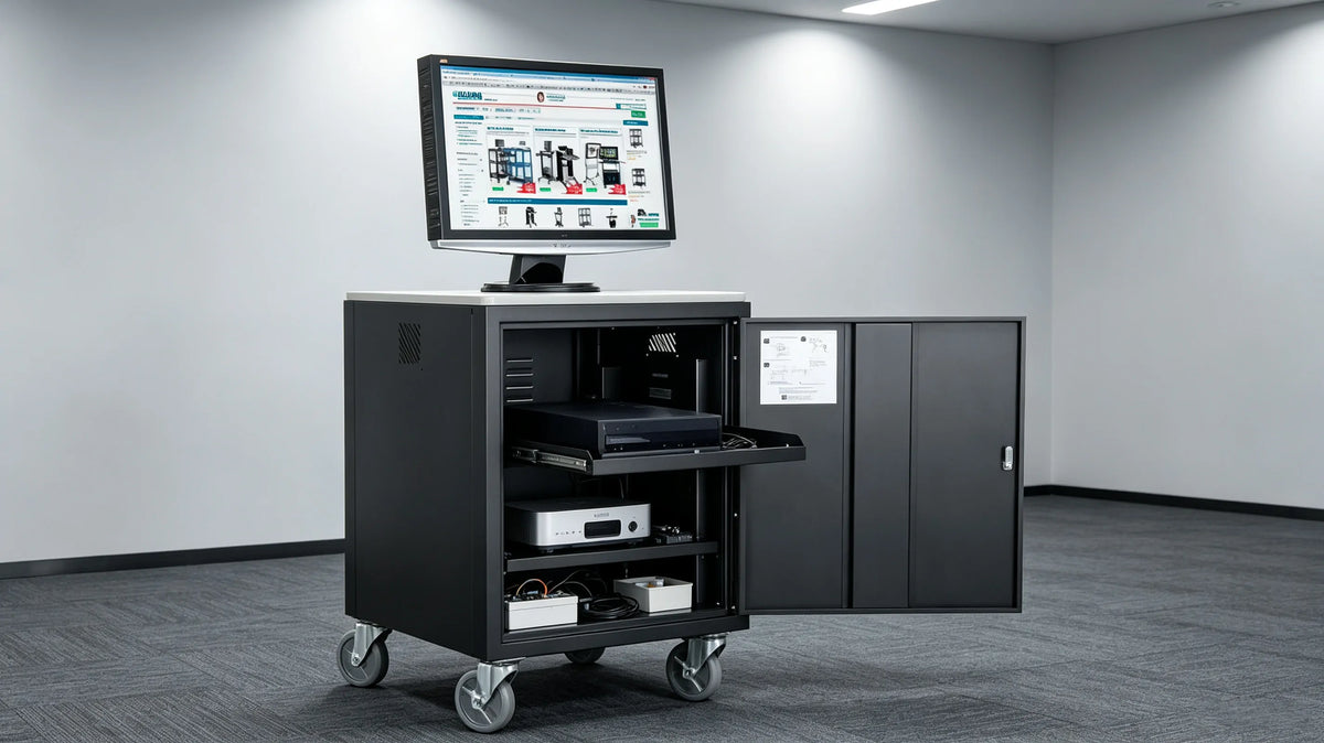 Heavy‑duty cabinet AV trolley cart with monitor mount, storage cabinet and pull‑out tray, professional AV equipment cart