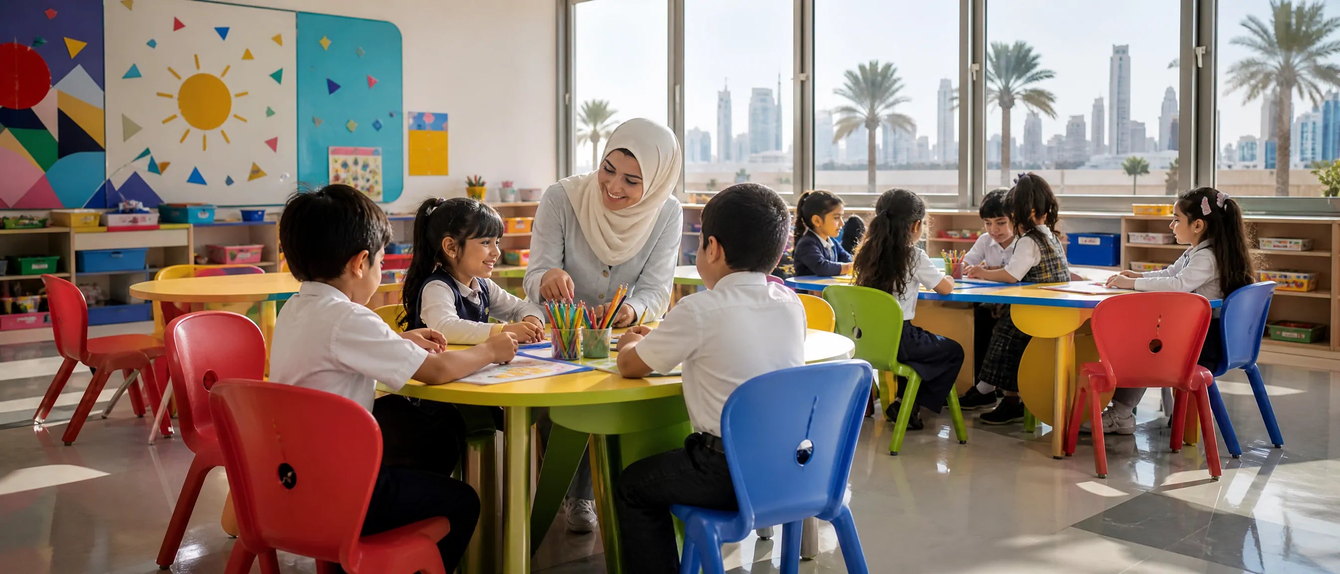 Early years classroom furniture in Bahrain with colourful chairs, activity tables and young students learning