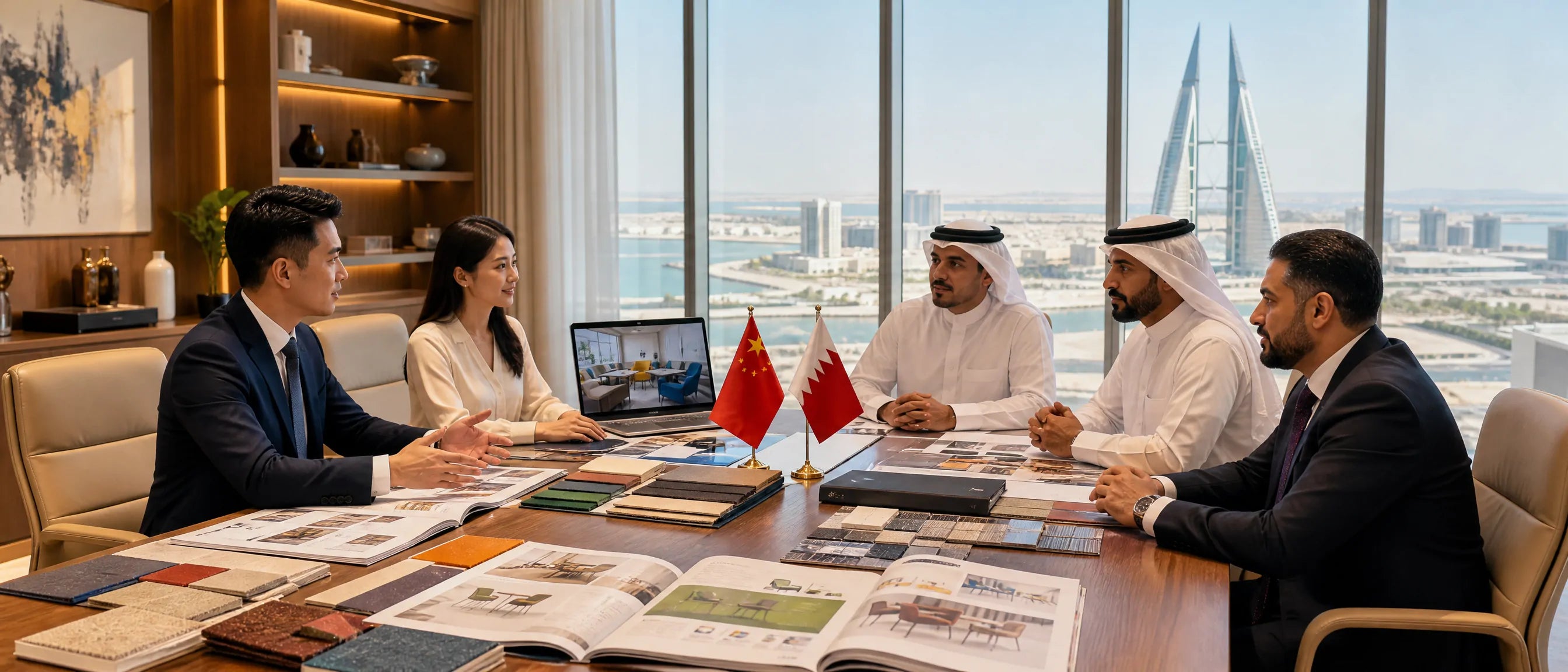Bahrain education furniture procurement meeting with China supplier, material samples and school furniture catalogues