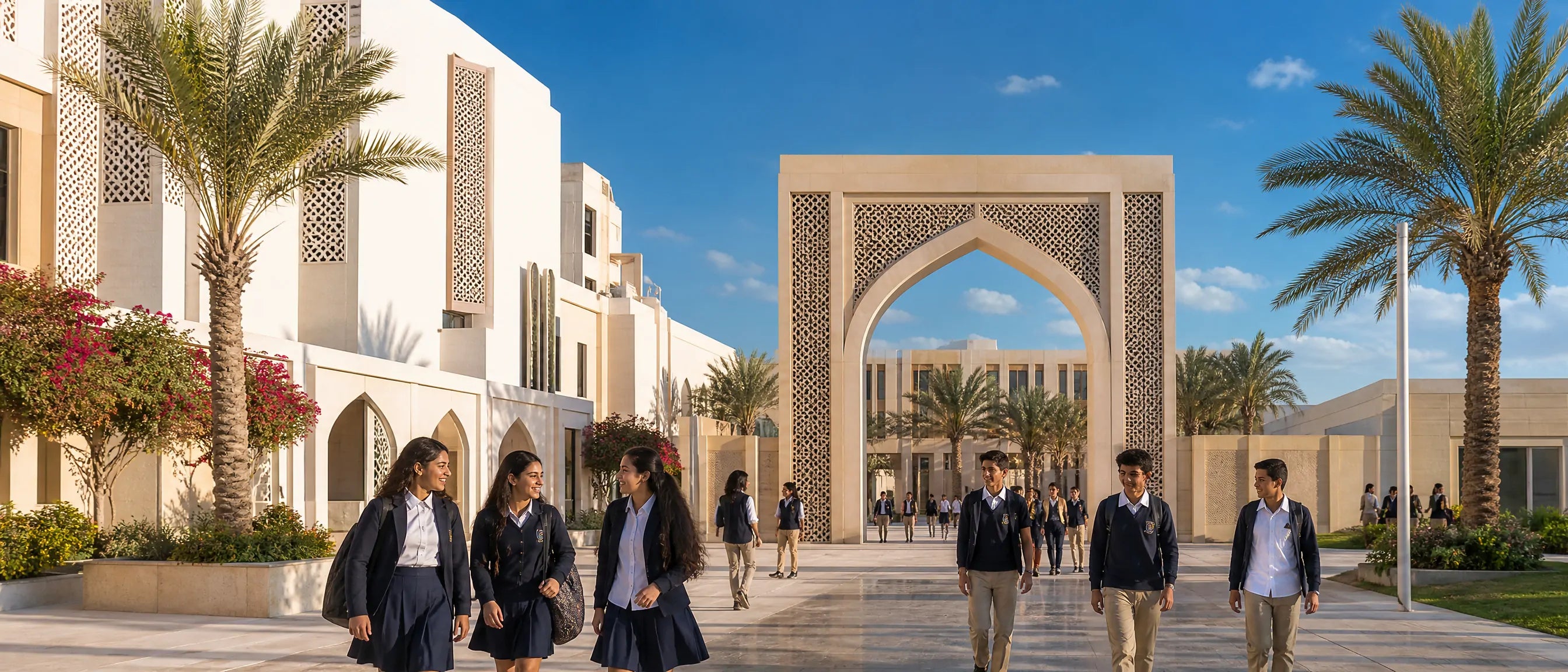 Bahrain private and international school campus with students walking through a modern courtyard