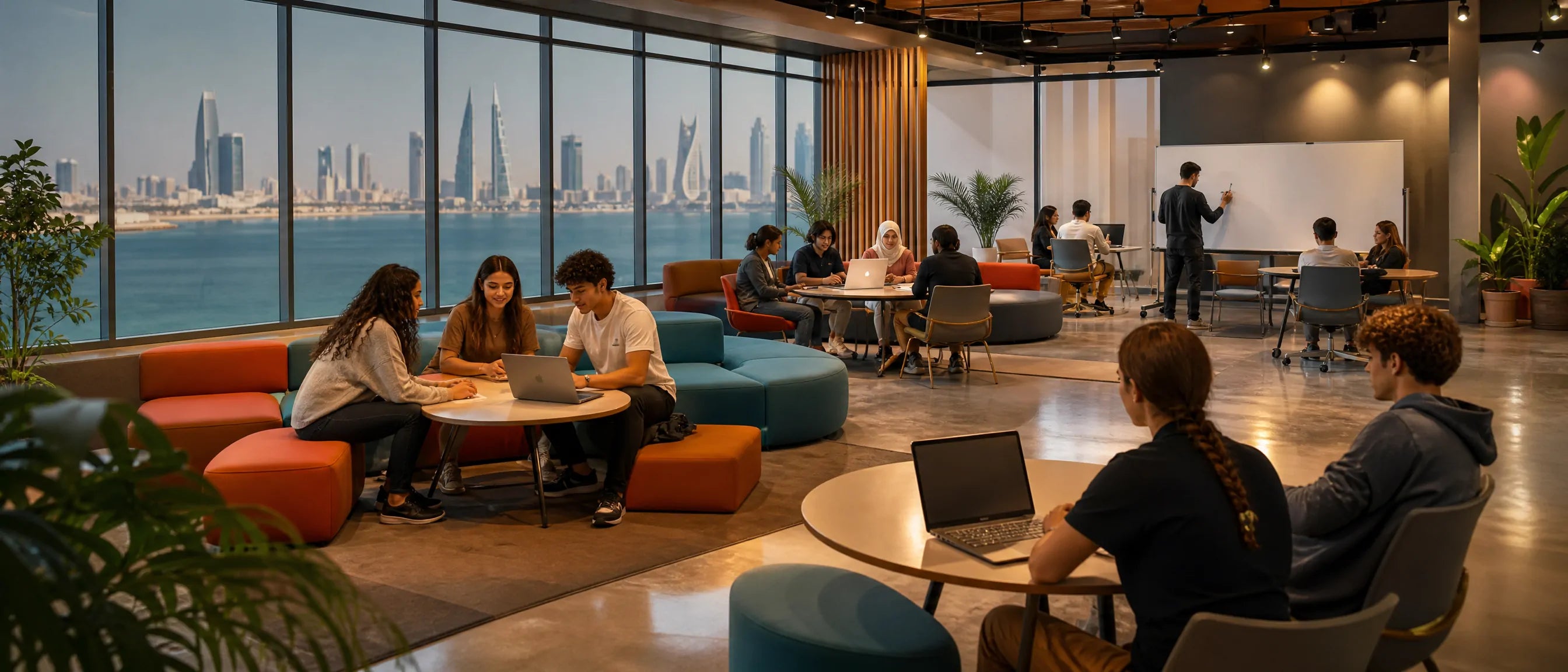 Student lounge furniture in Bahrain learning hub with modular seating and study tables