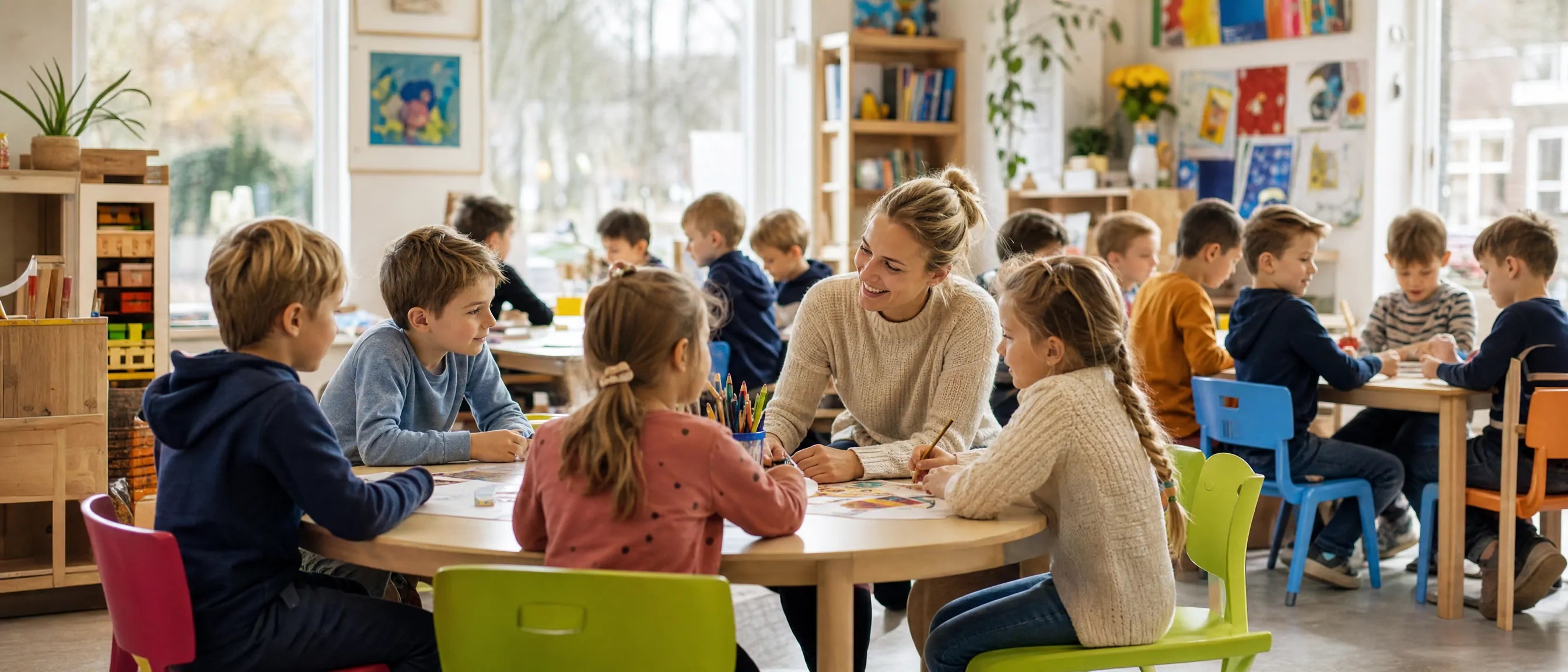 Basisschool meubilair in Nederland with children learning in a bright classroom with colourful chairs and tables