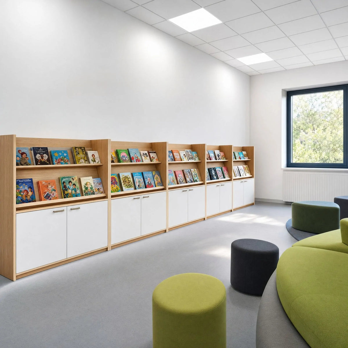 Combination book cabinets and open display shelves, kids bookcase for school reading corner