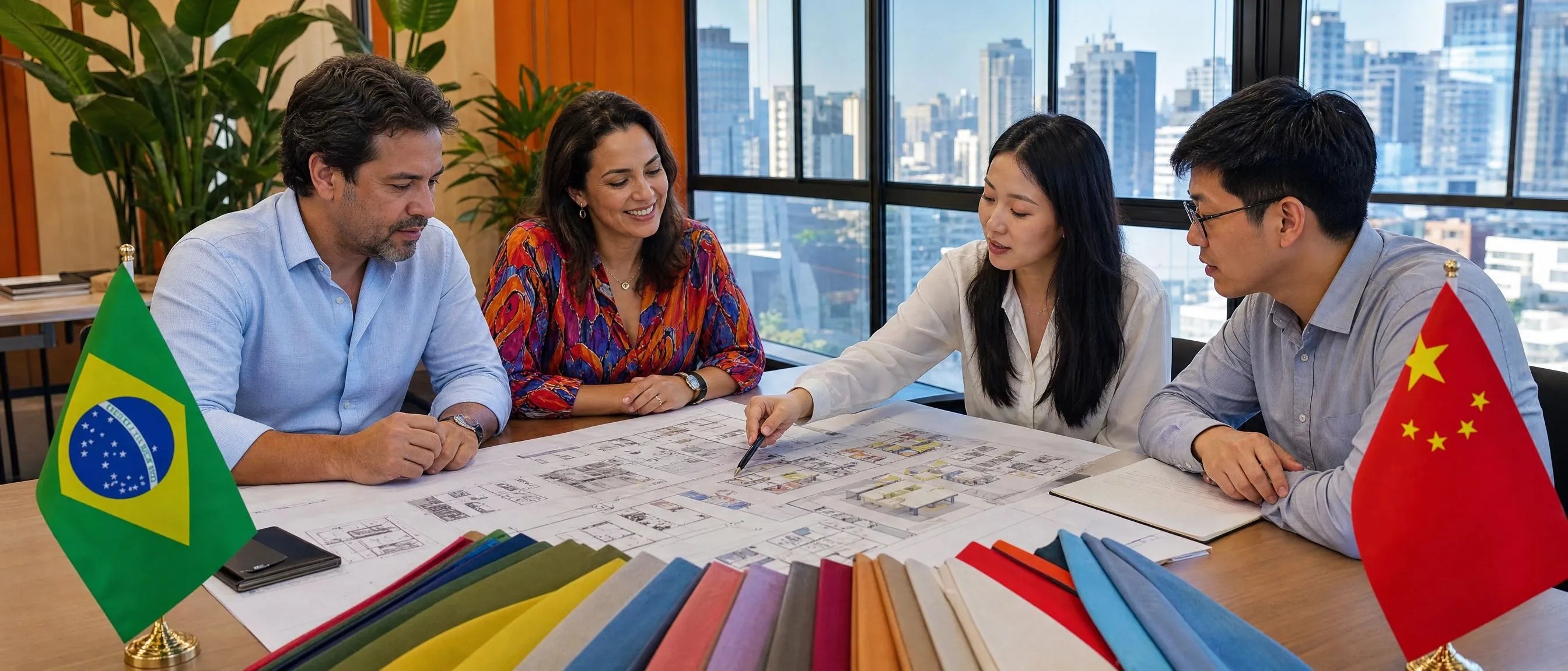 China to Brazil school furniture sourcing support with buyers reviewing classroom layouts materials and custom finishes