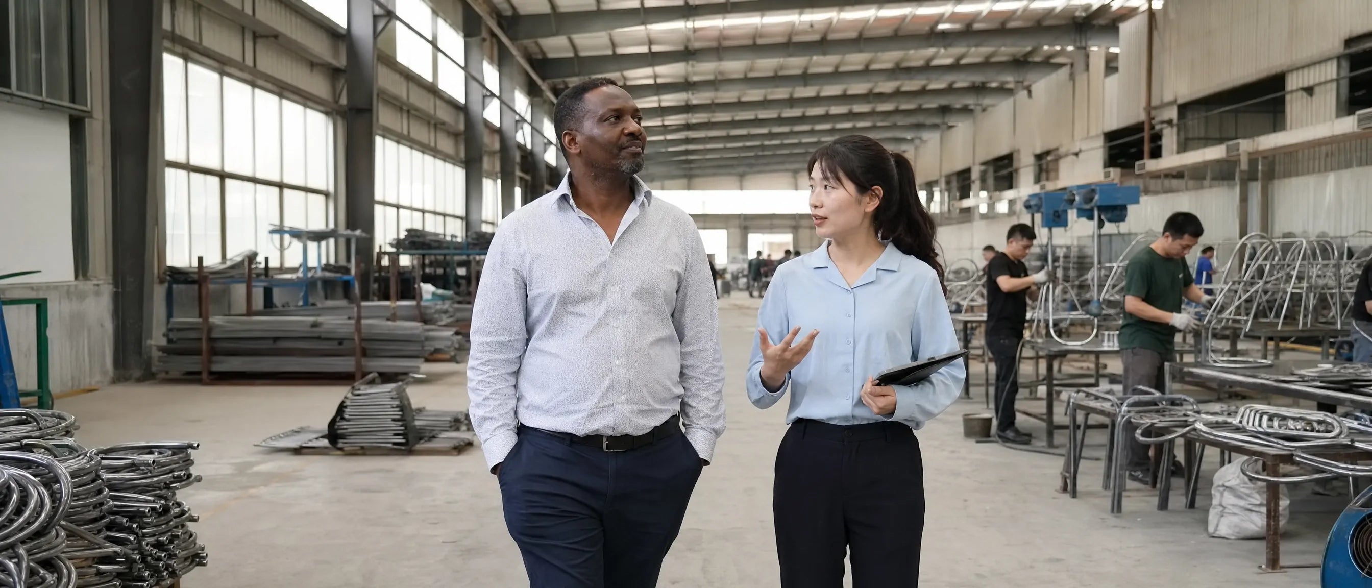 China factory site visit for Kenya school furniture buyers inspecting production and quality control