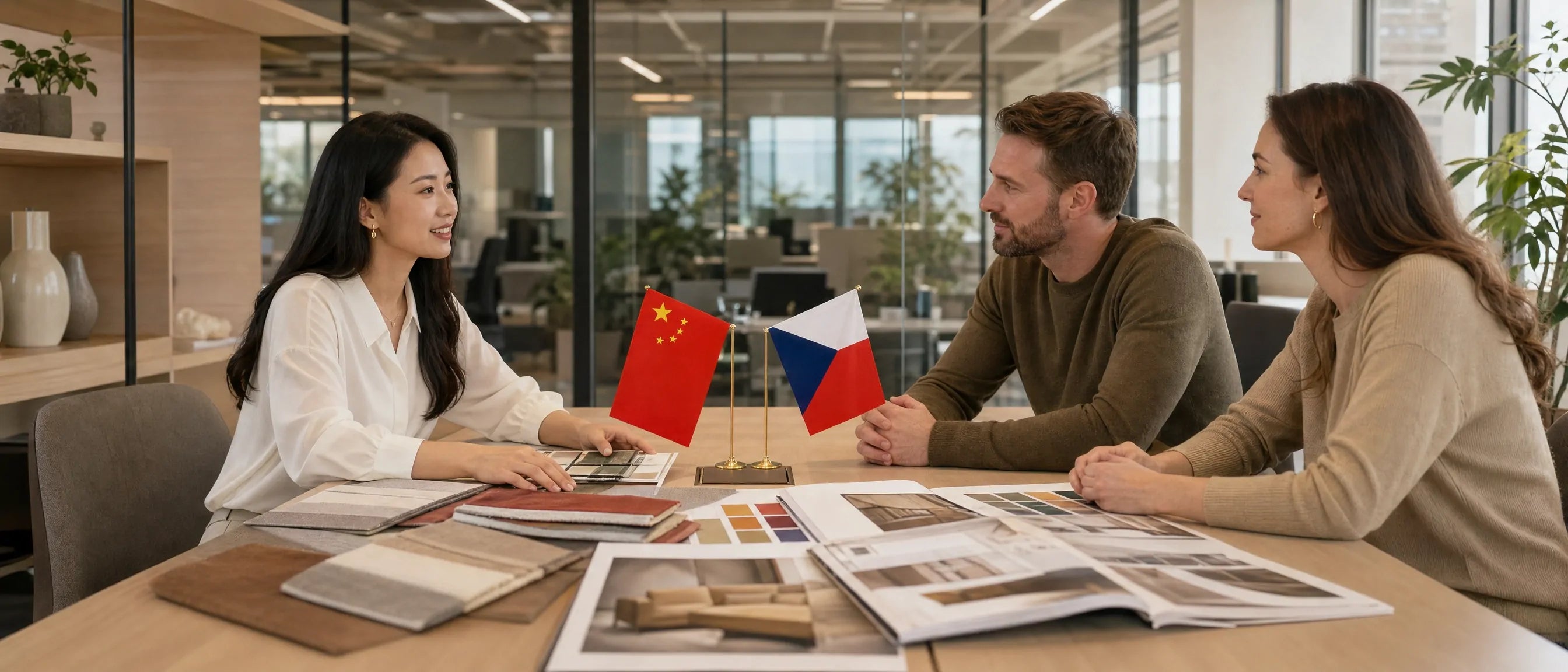 China to Czech Republic school furniture sourcing meeting with catalogues, material samples and project discussion