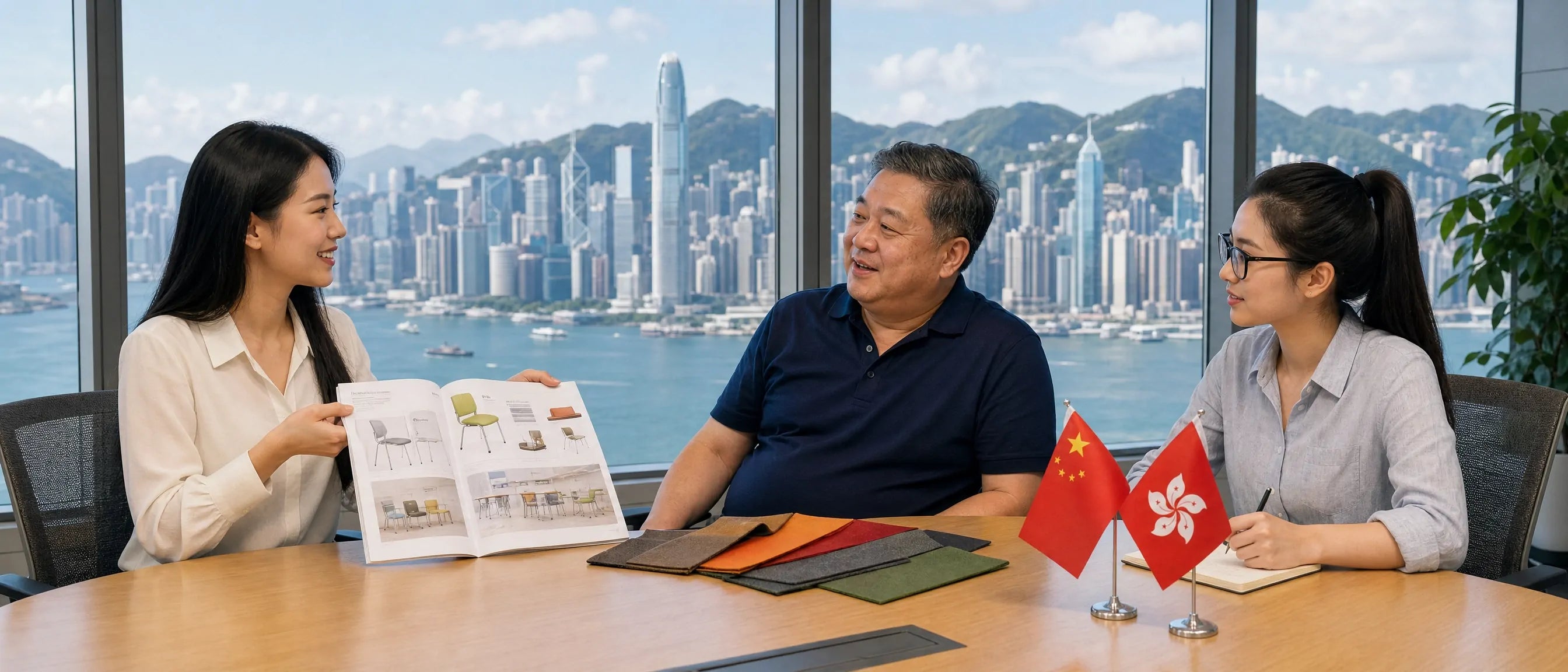China to Hong Kong school furniture supply meeting with catalogues material samples and classroom furniture discussion