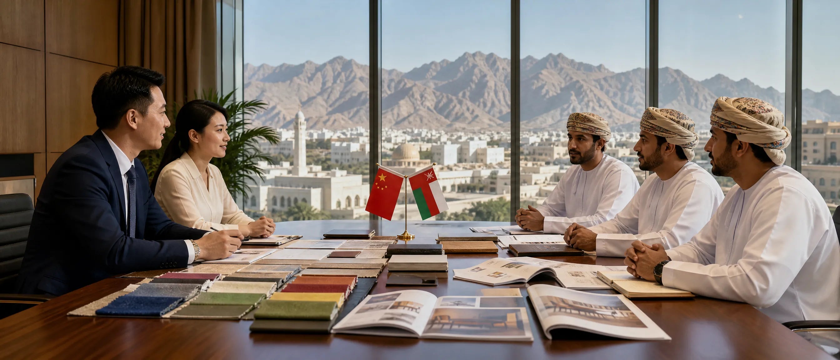 China to Oman school furniture sourcing meeting with material samples and education furniture catalogues