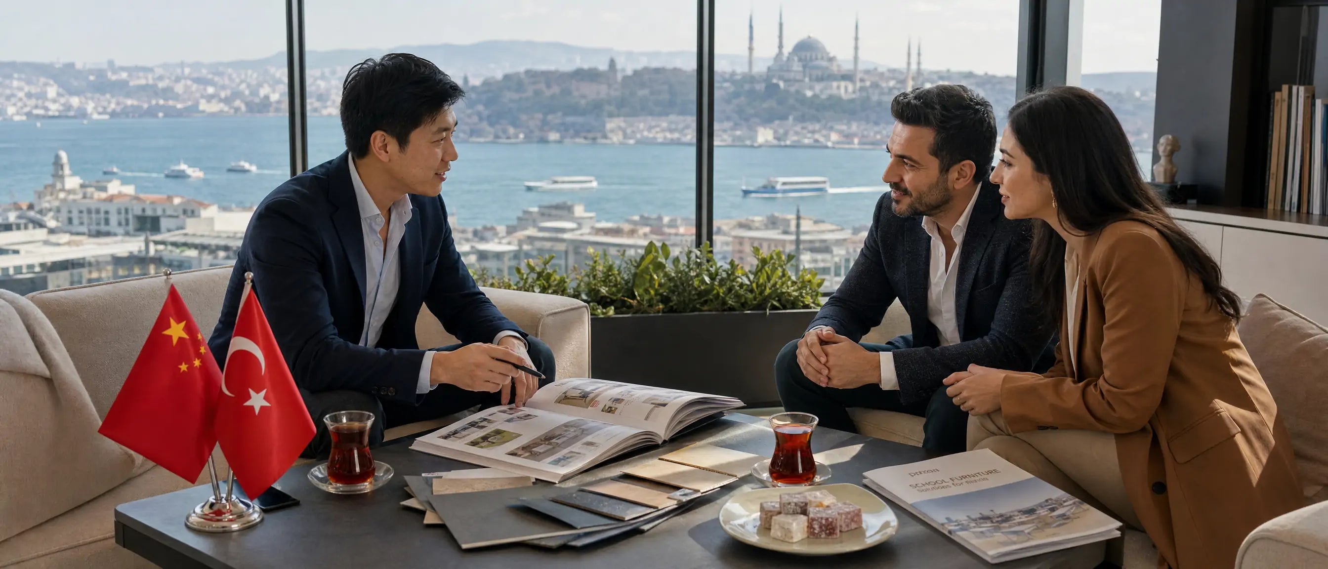 China to Turkey school furniture supply with catalogues material samples and buyer discussion in Istanbul