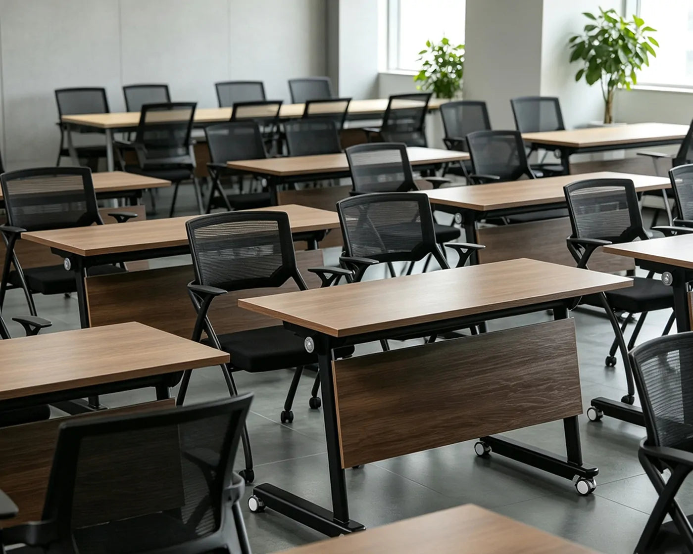 Multiple mobile training tables arranged in a collaborative classroom layout