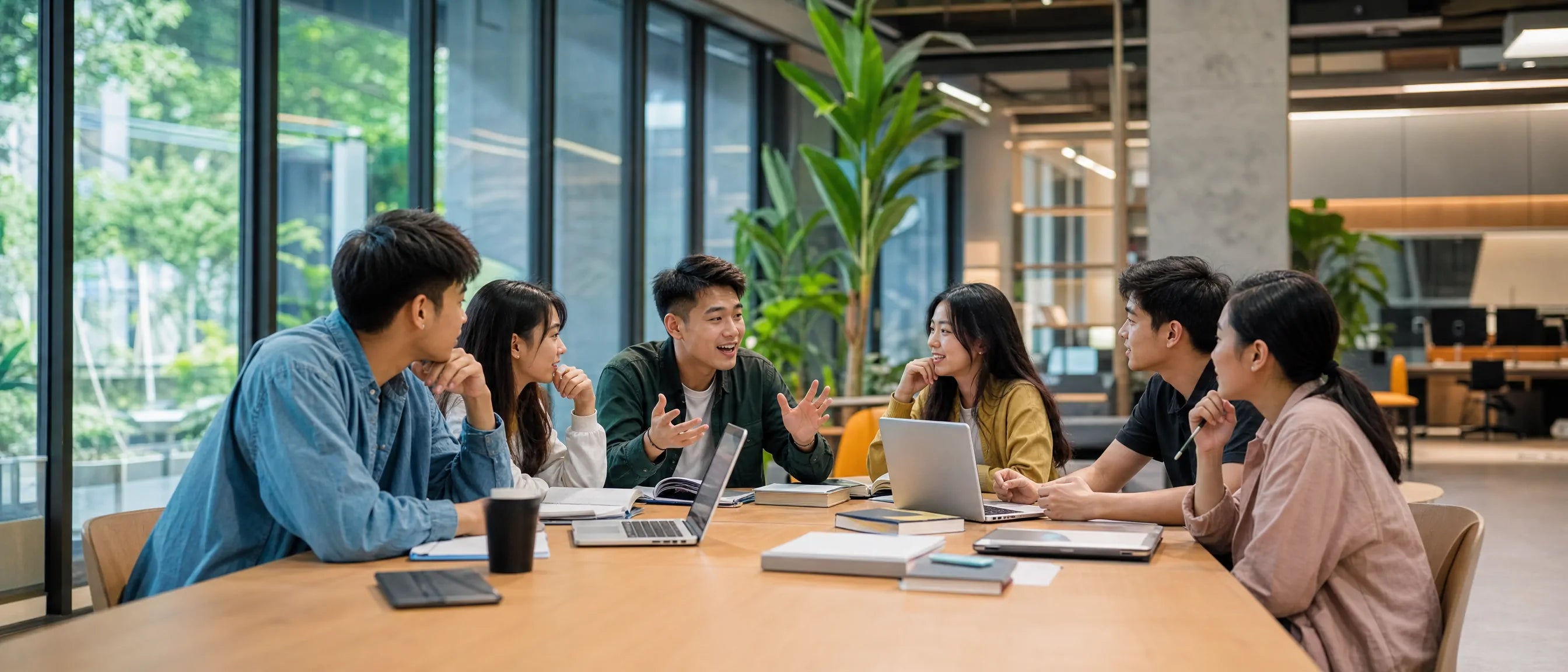 Collaborative learning furniture for Taiwan schools with students working together around a shared table
