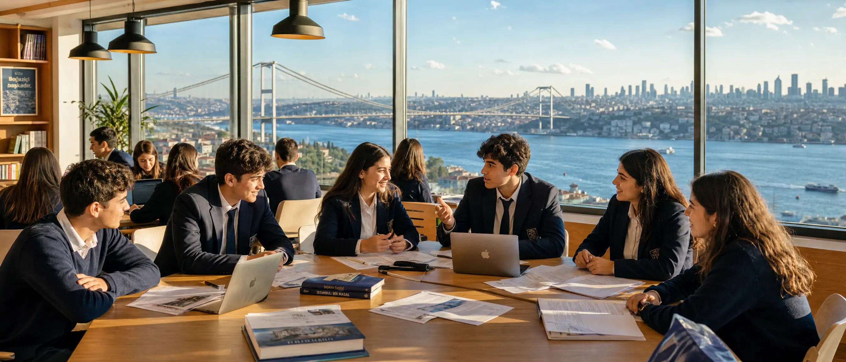 Collaborative learning furniture for Turkish schools with students discussing around tables overlooking Istanbul