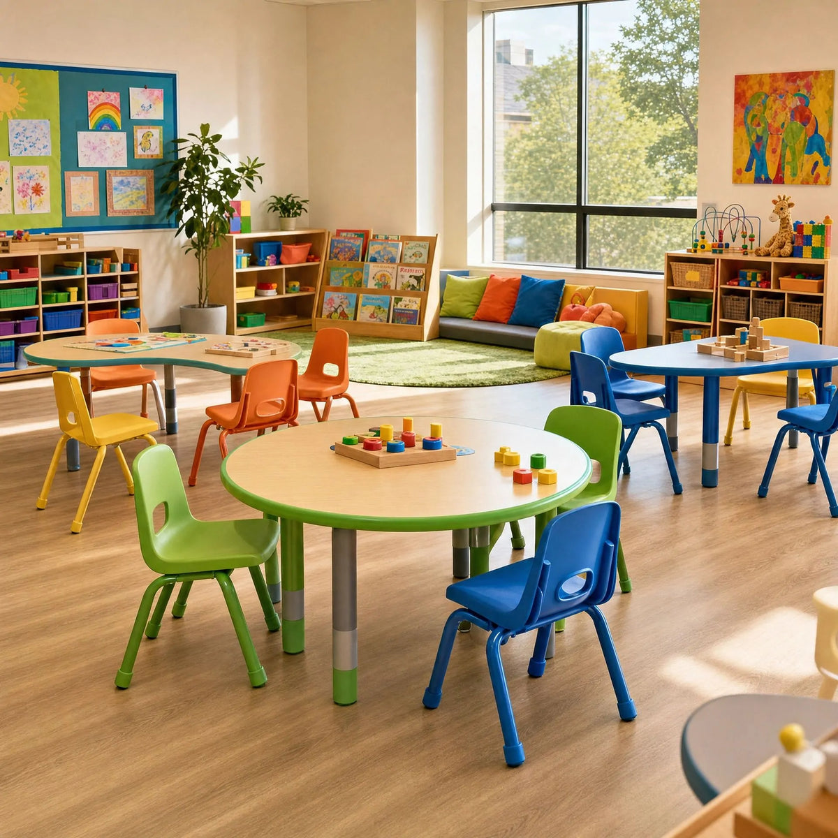 Colorful kindergarten chairs for preschool classroom, durable kids seating for early childhood education room
