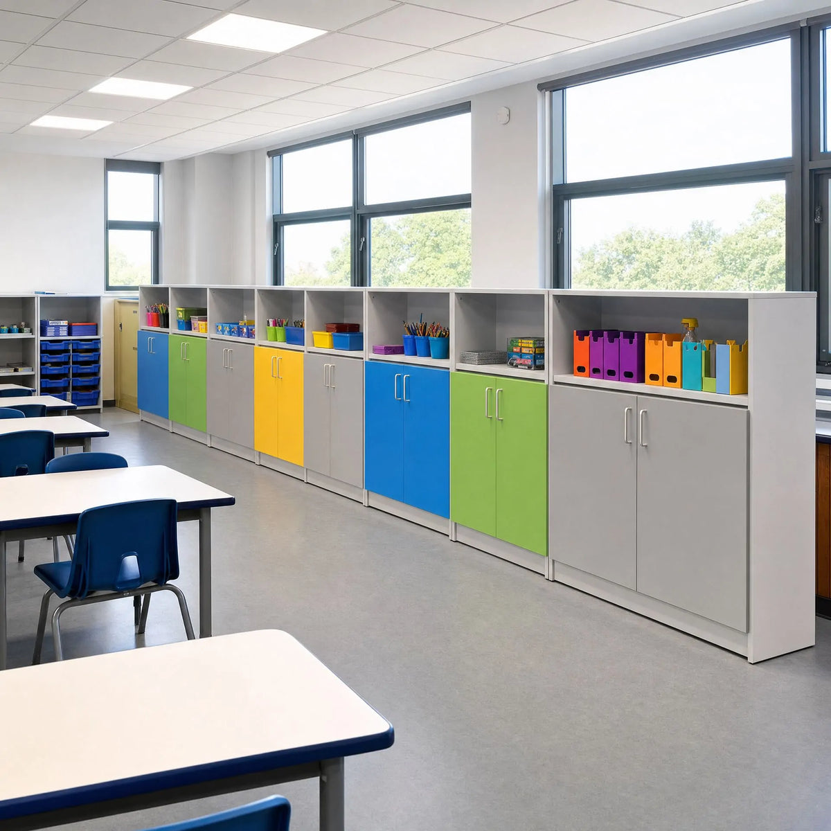 Bright colourful classroom storage cabinets, metal teacher supply cabinet for school classroom storage
