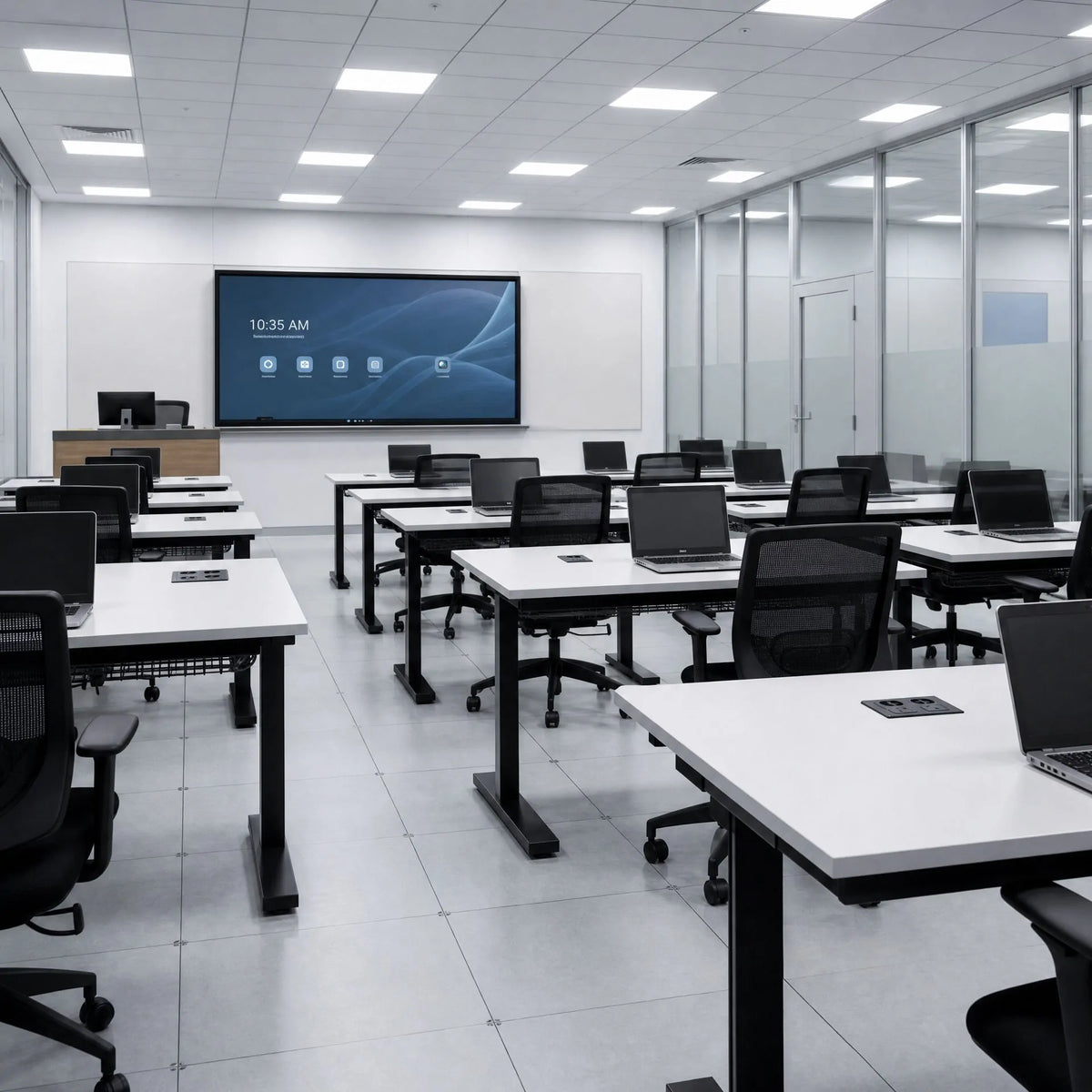 Computer lab tables for school IT classroom, computer workstation desks with monitors