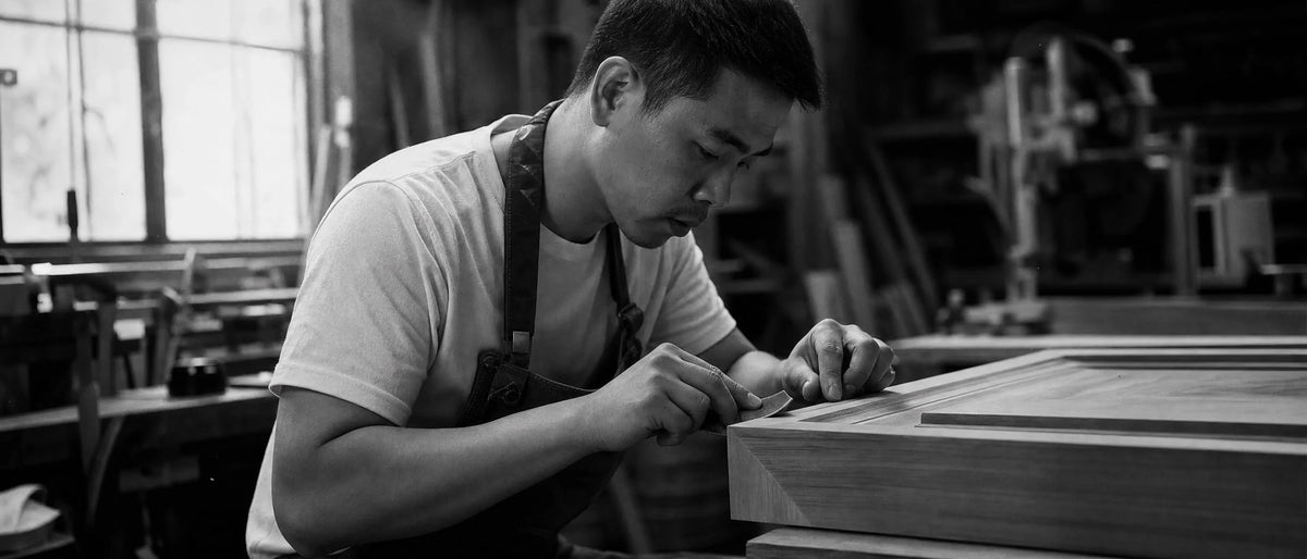 Black and white workshop photo, skilled craftsman sanding wooden furniture panel, customisable school furniture with flexible sizes, materials and surface finishes for project‑specific requirements