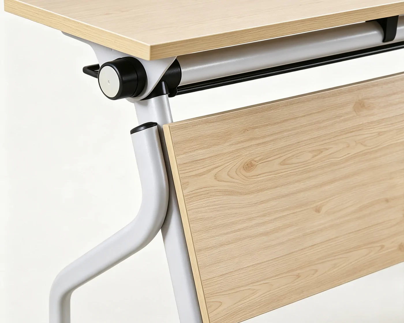 Curved powder coated steel frame for wood grain flip training table, stable support