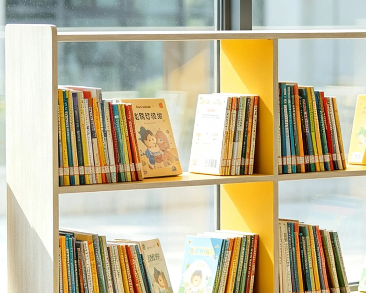 Wood grain and solid colour options for double-sided two-tier window side school bookshelf