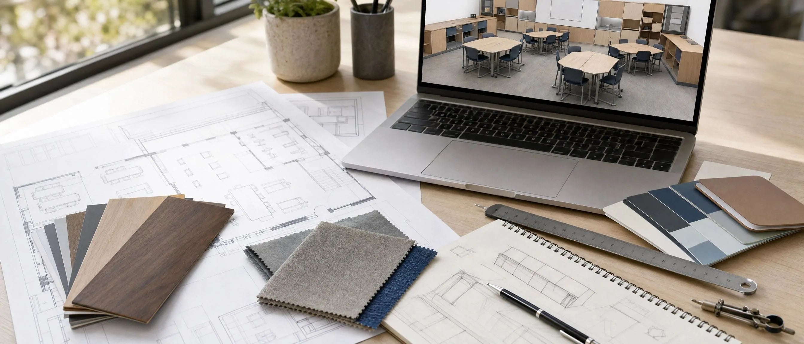 Custom school furniture layout planning and production from China with drawings, material samples and classroom furniture design