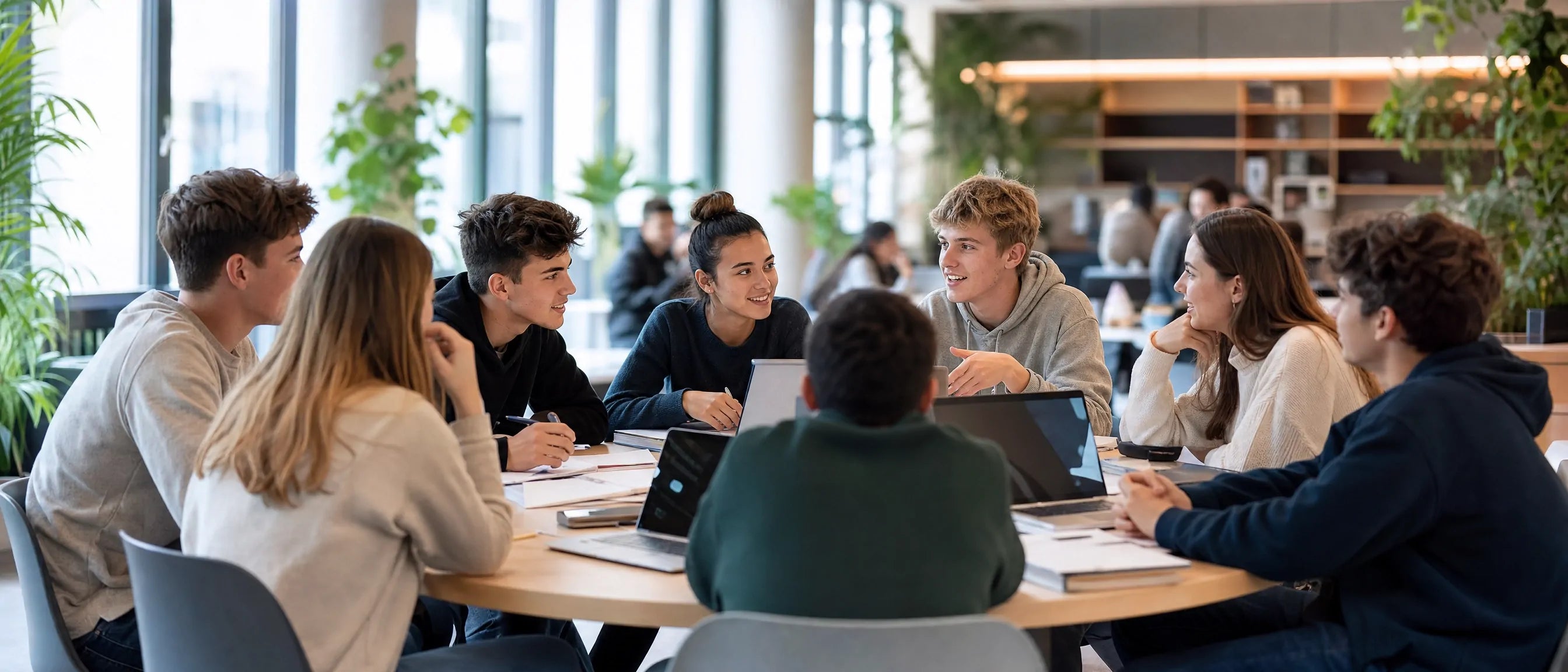 Collaborative learning furniture for Czech schools with students working together around a round study table