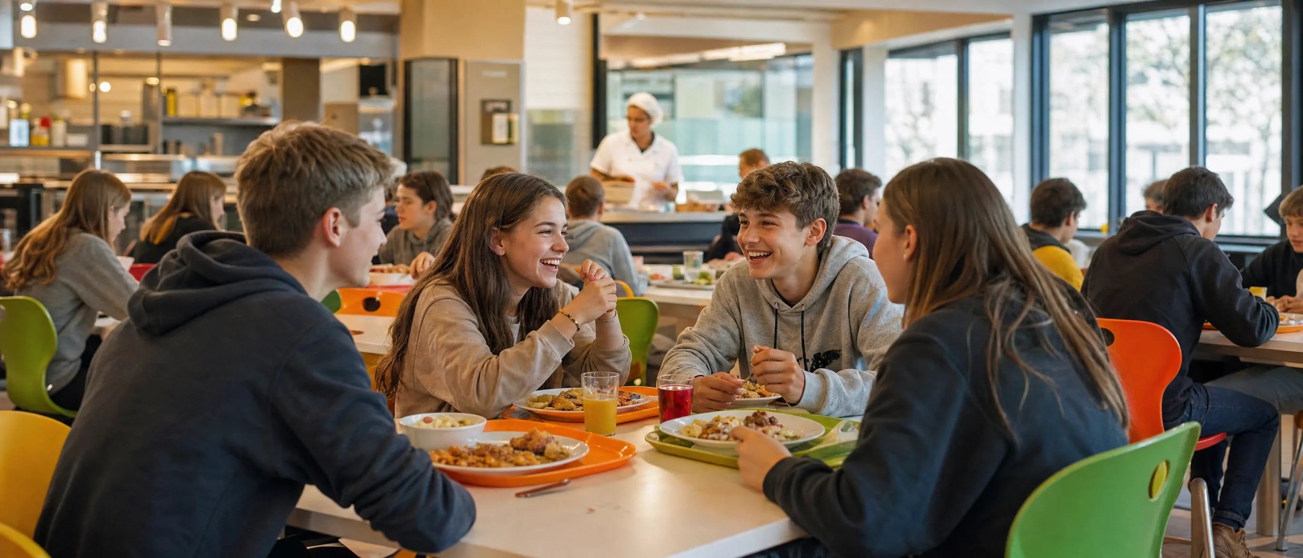 School cafeteria furniture for Czech Republic with students dining in a bright modern school canteen