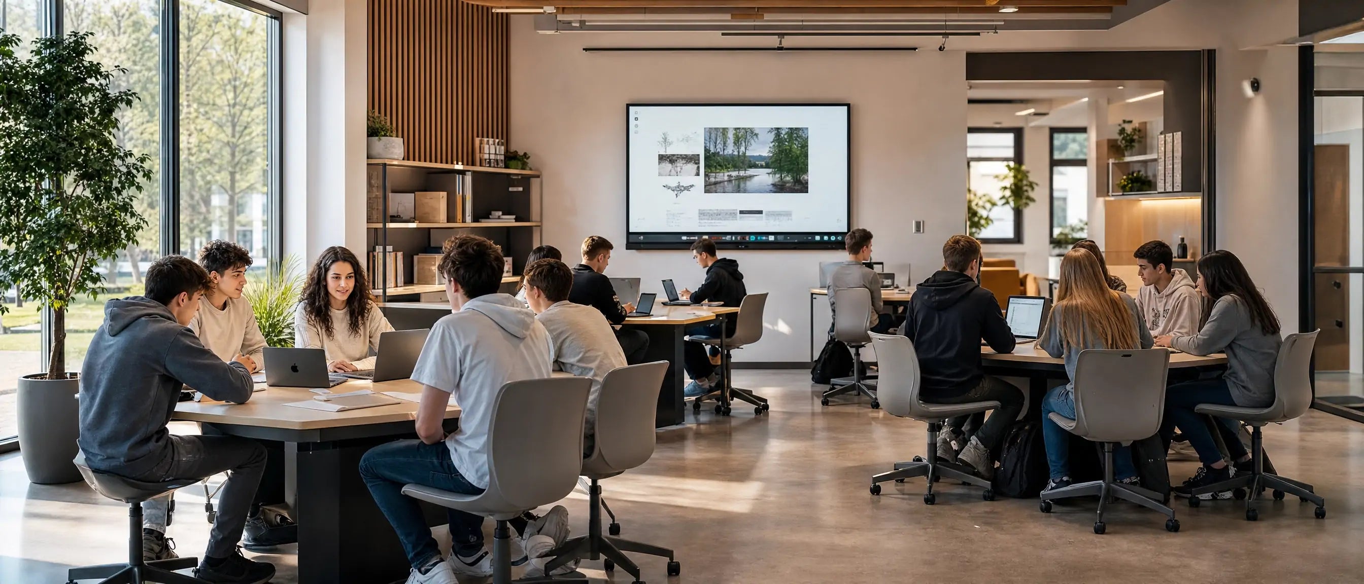Dotări școlare moderne pentru licee din România with students using laptops in a collaborative learning room