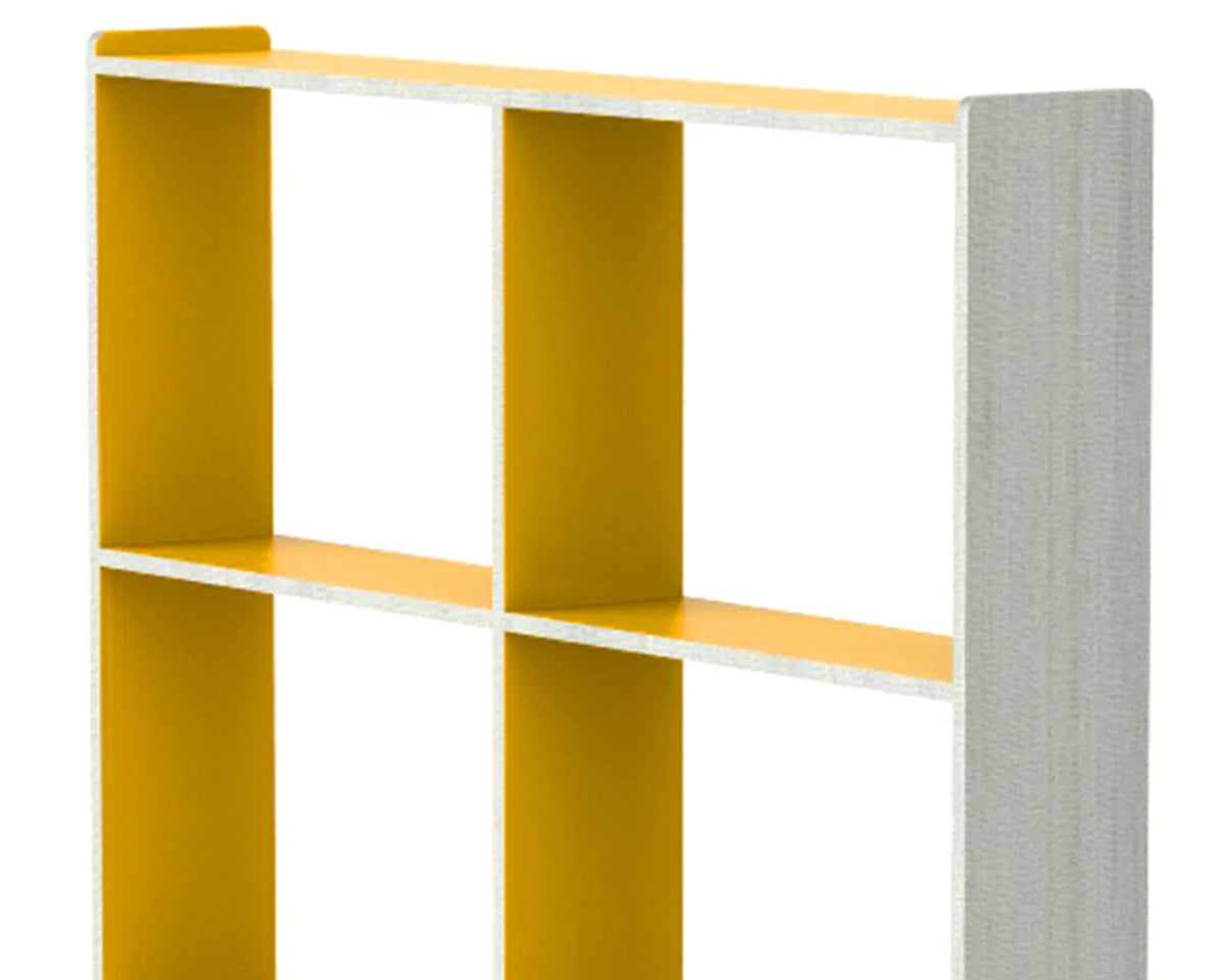 Double sided two tier open compartment design of window side school bookshelf for media resource library