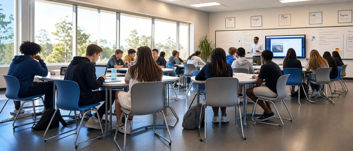 Ergonomic classroom chairs for student comfort, modern active learning classroom school seating, stackable student training room chairs