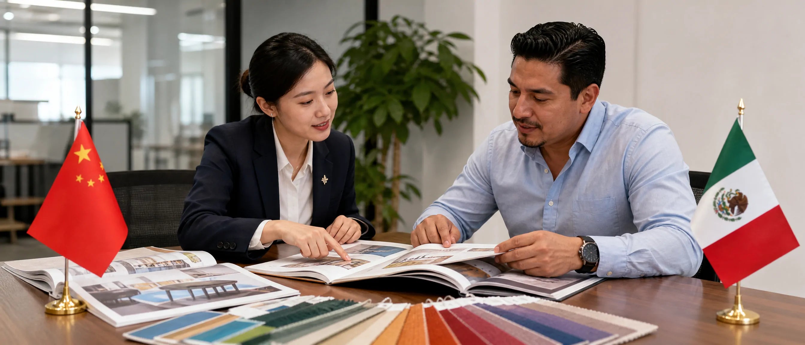 Mobiliario escolar de China para México with furniture catalogues, material samples and procurement discussion
