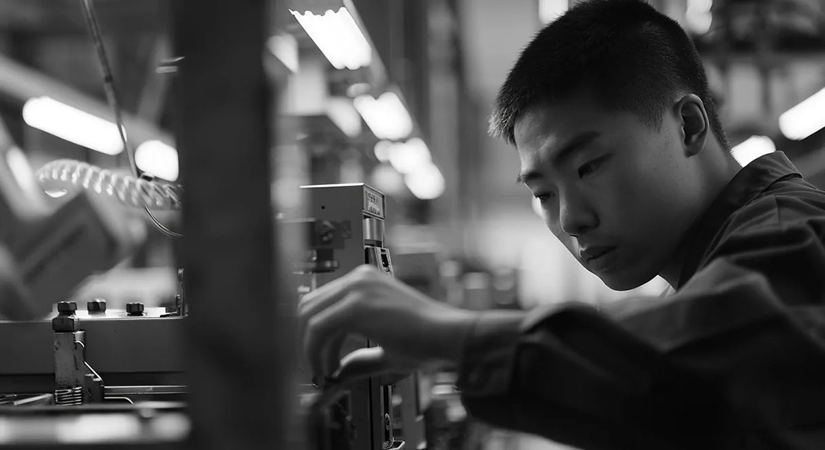 Black and white factory shot, factory worker operating production machinery, complete supply‑chain service from furniture manufacturing to export packing for global education buyers