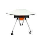 Rear view of fan folding classroom table with durable steel frame