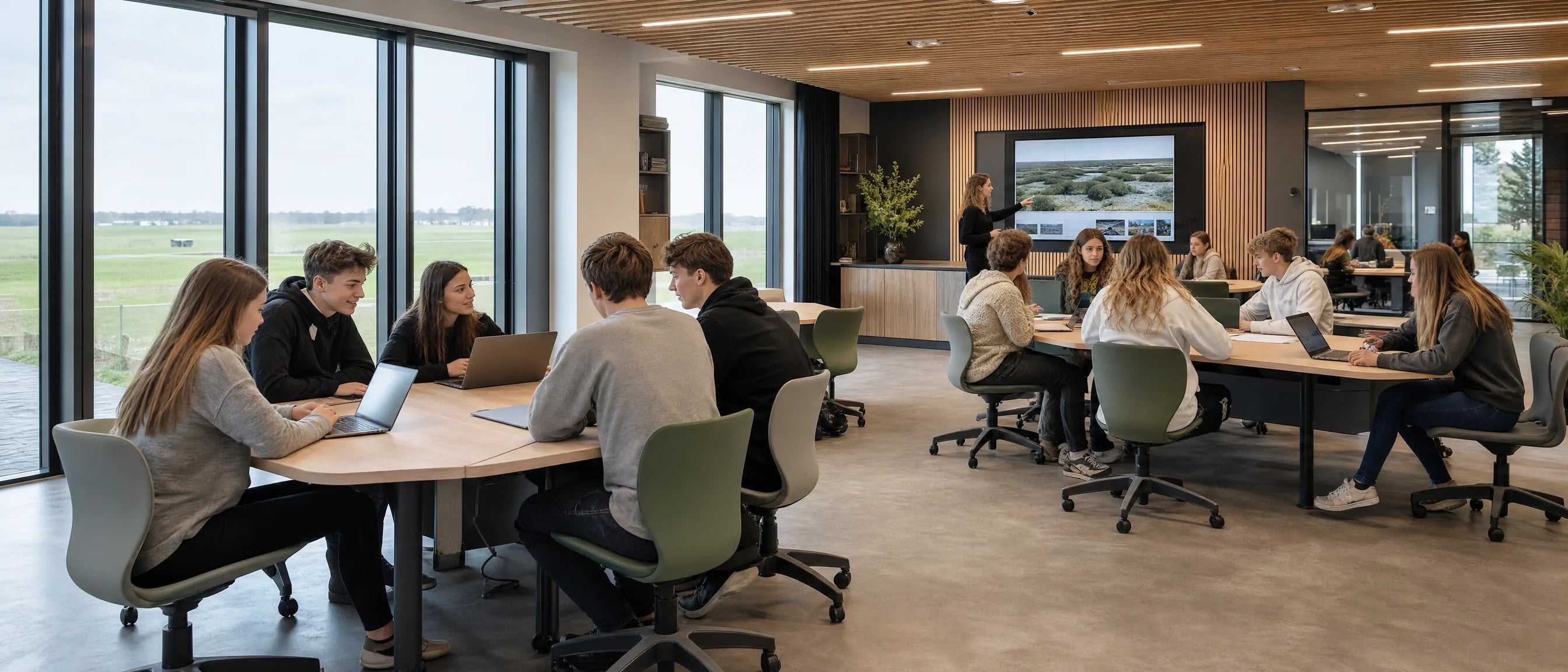Flexibele leerpleinen voor Nederlandse middelbare scholen with students working in a modern collaborative classroom