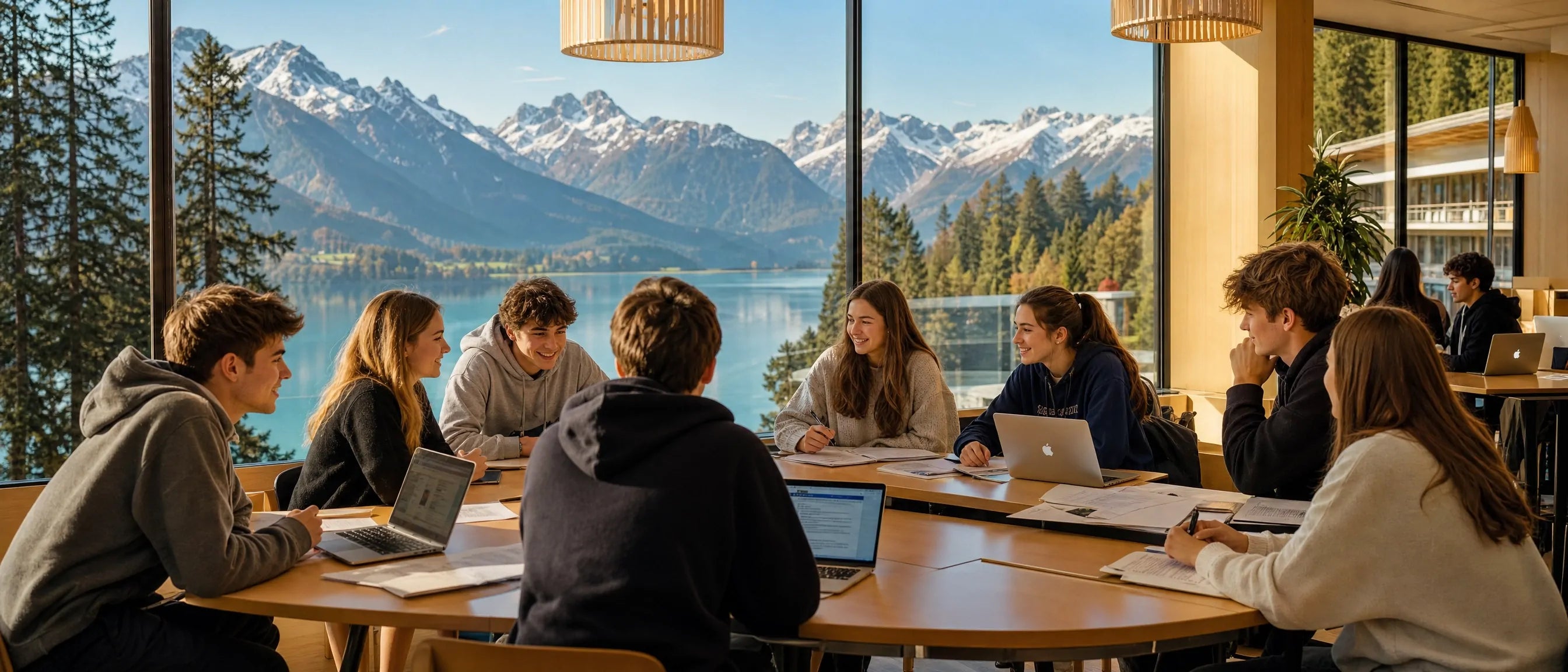 Flexible Lernräume für Schweizer Schulen with students collaborating in a modern classroom overlooking Swiss mountains