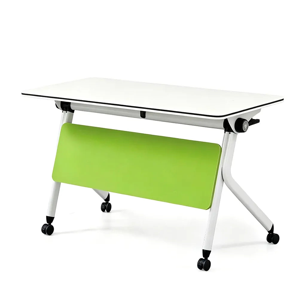 Flip top mobile training table with lockable casters, stackable classroom & meeting desk
