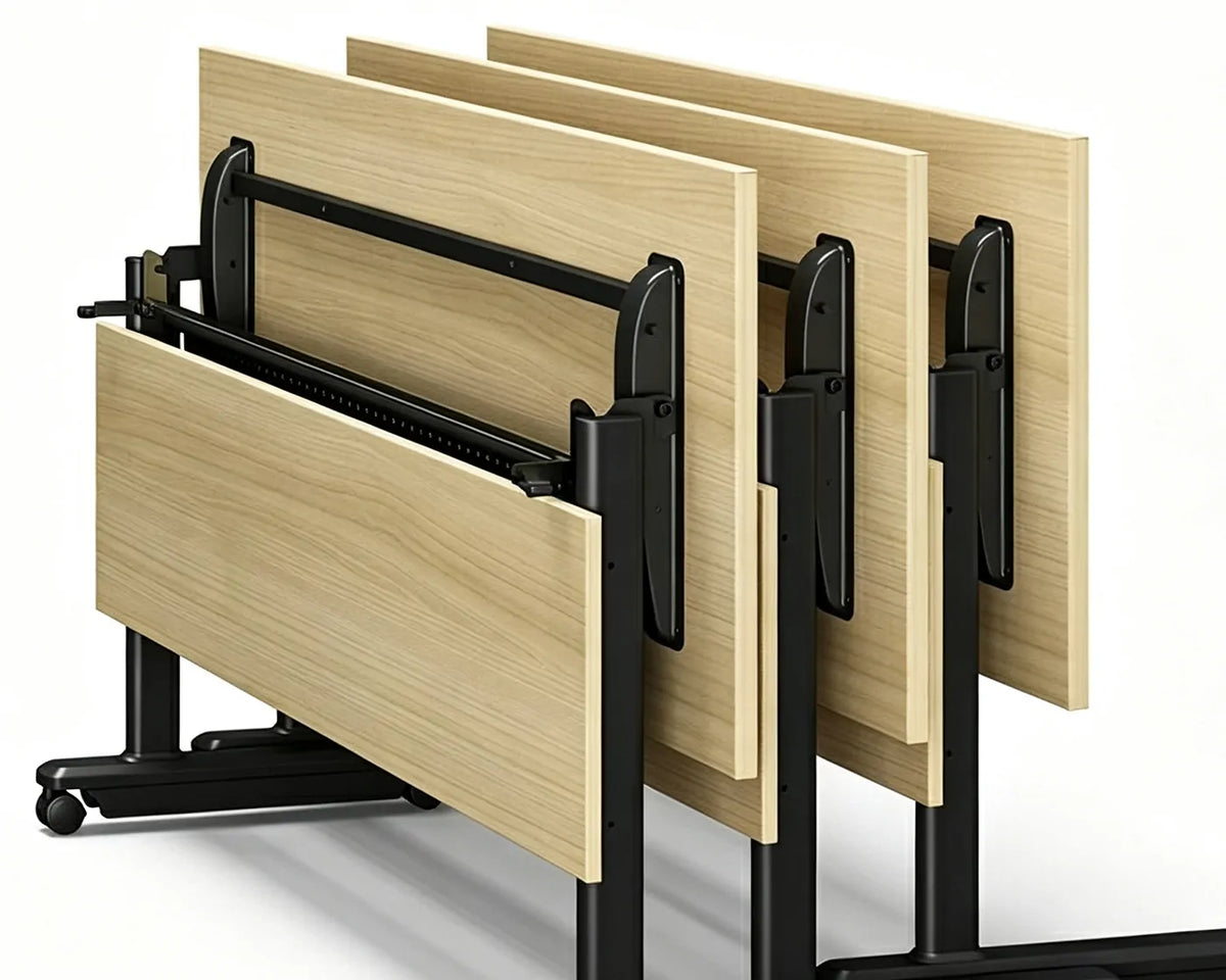 Multiple foldable training tables nested together for space-saving storage