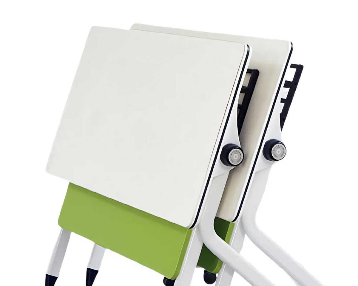 Flip top nesting mechanism for mobile training table, easy stack compact storage