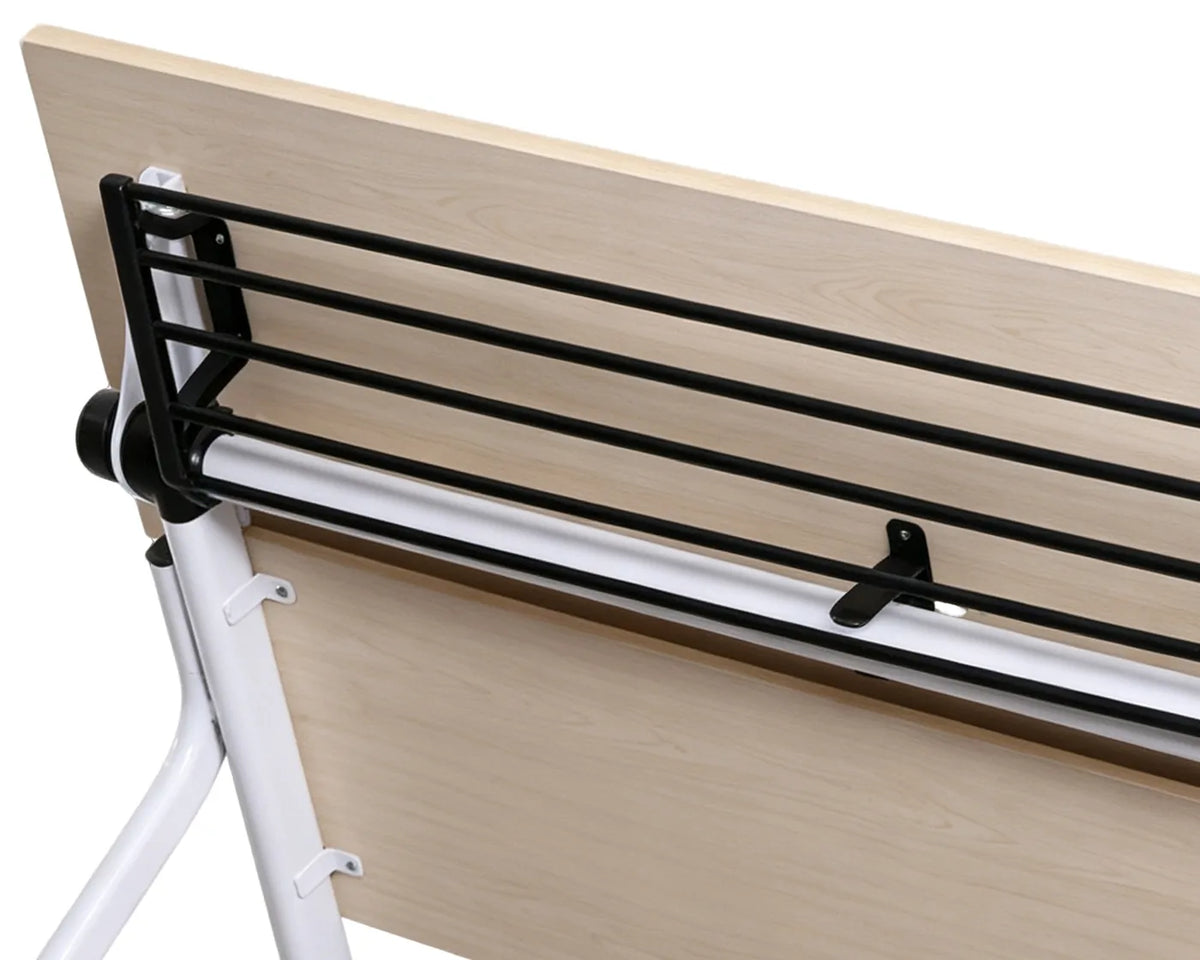 Flip top nesting mechanism for wood grain training table, easy stack storage