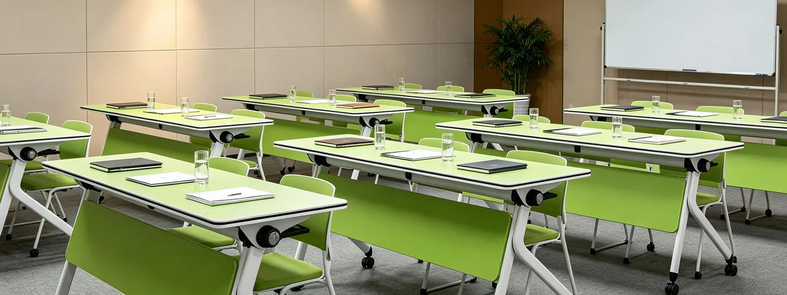 Multiple flip top mobile training tables arranged in classroom and meeting room