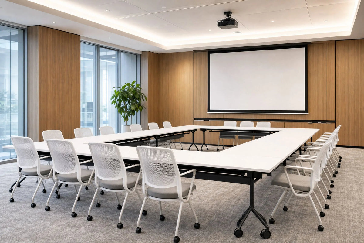 Foldable training tables and meeting desks, modern conference room fold‑up desk with rolling chairs