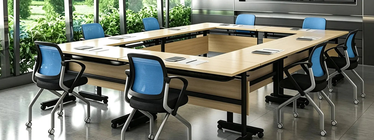 Wood grain foldable training tables arranged in multi-purpose classroom, OSF Education