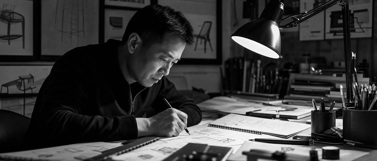 Black and white photo, furniture designer sketching product blueprints on drafting table, education furniture designed for real‑world school environment requirements