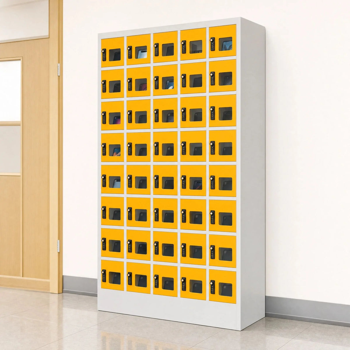 Yellow small compartment handphone lockers, metal phone storage lockers for classroom and staff area