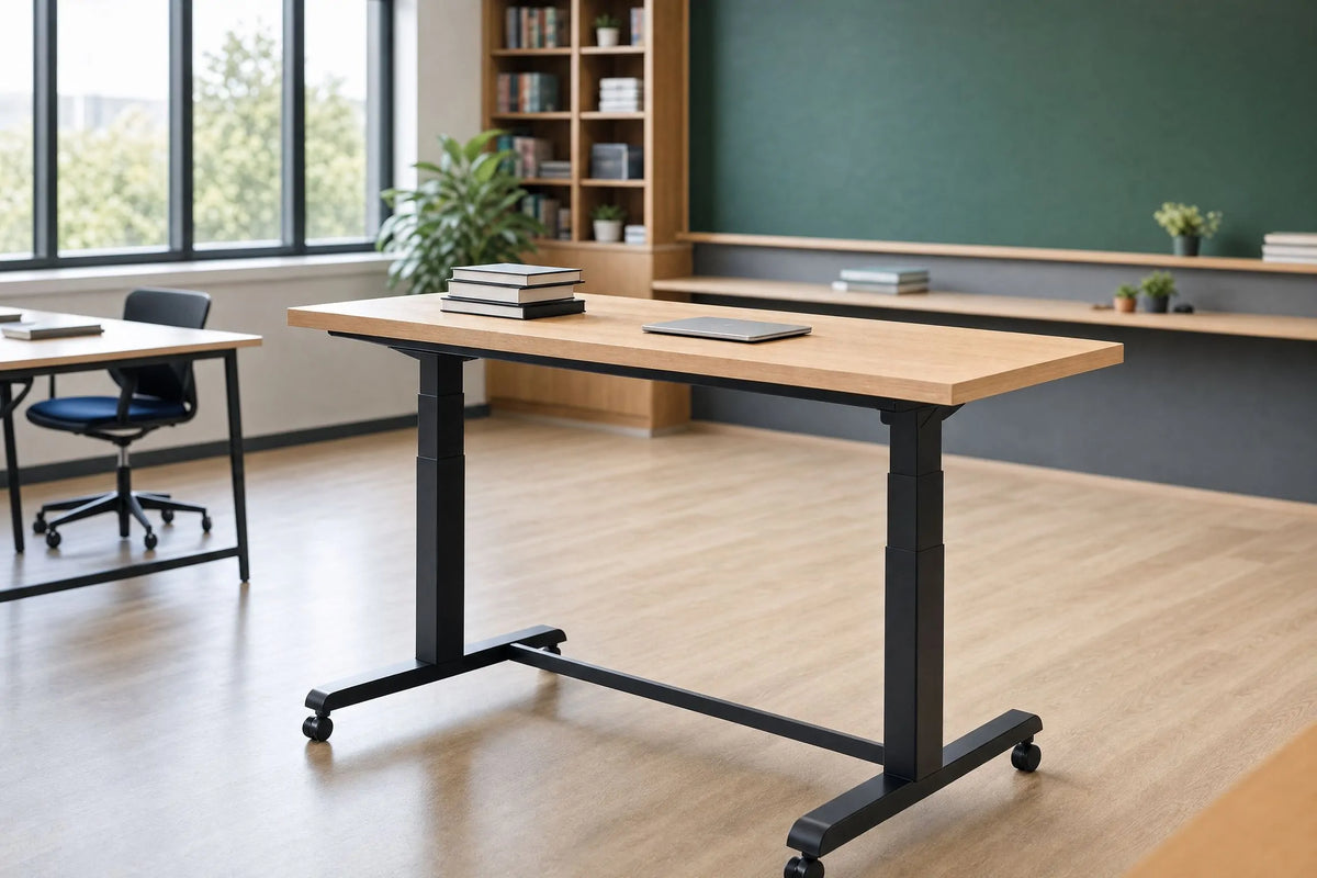 Height adjustable school standing table, modern classroom height‑adjustable desk with mobile wheel base