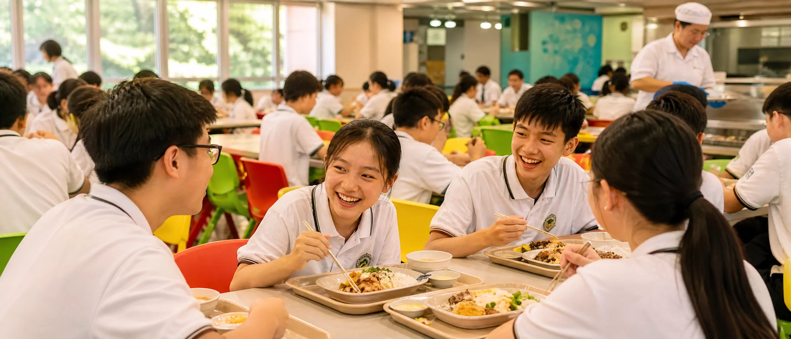 Hong Kong school cafeteria furniture with students dining in a busy school canteen